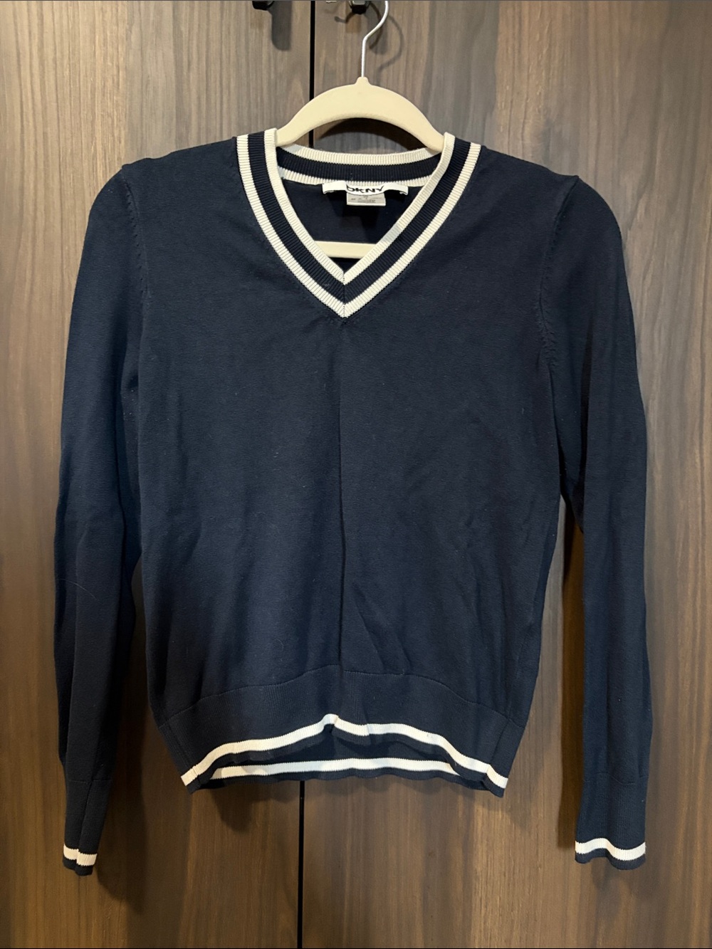 DKNY Navy V-Neck Sweater with Cream Stripe Trim